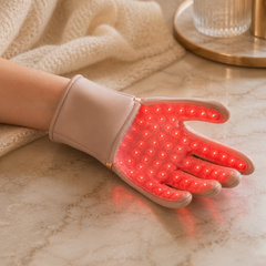 Velora Hand Glow LED glove worn, red lights on the palm