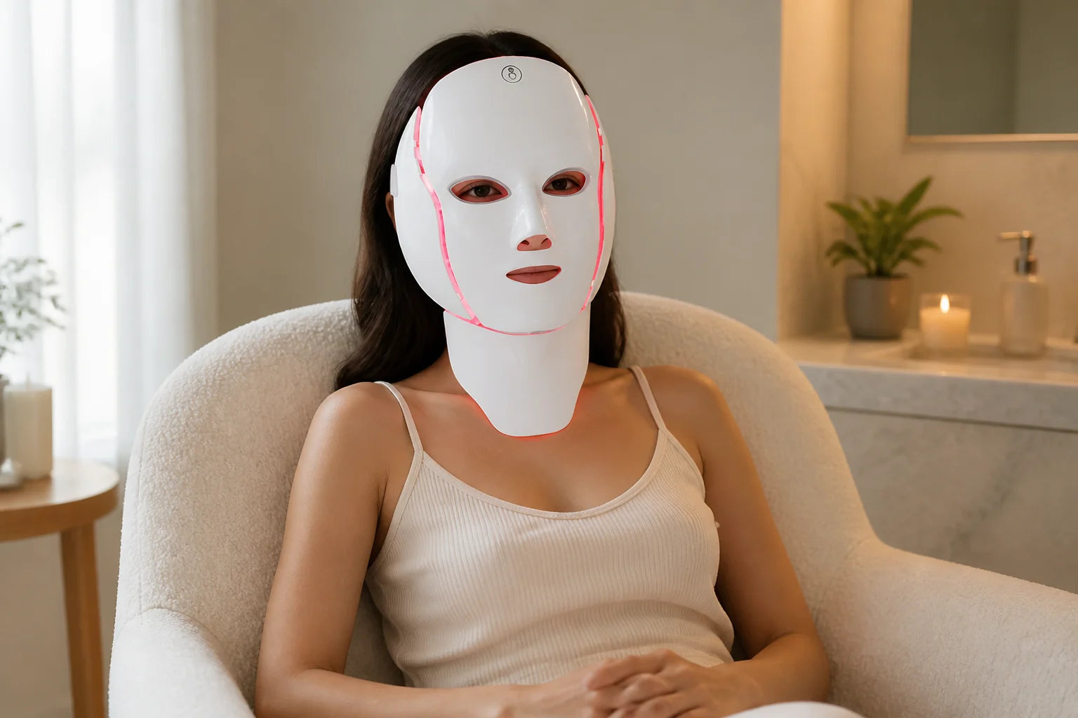 Woman testing the Velora LED face and neck mask