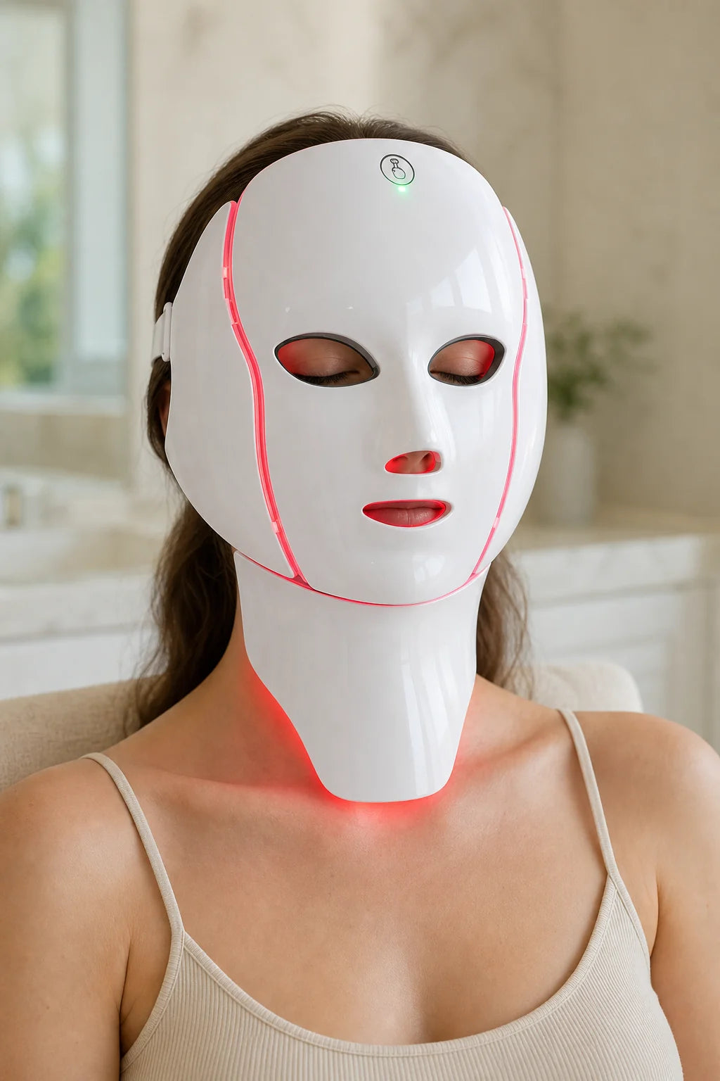Woman testing the Velora LED face and neck mask at home